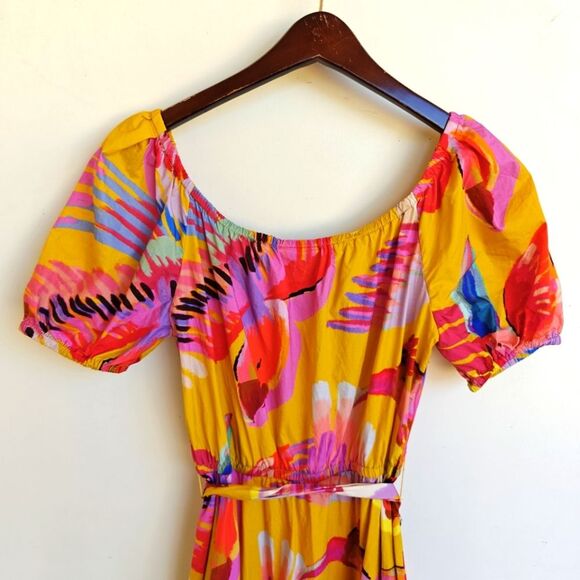 Farm Rio Neon Macaws Maxi Dress Size XS Colorful Off The Shoulder Beaded Belt - Picture 10 of 14